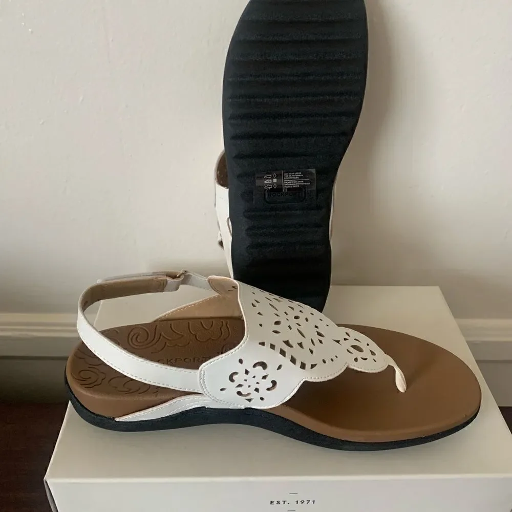 Rockport Women’s sling back leather flat white sandal Sz 11, NIB